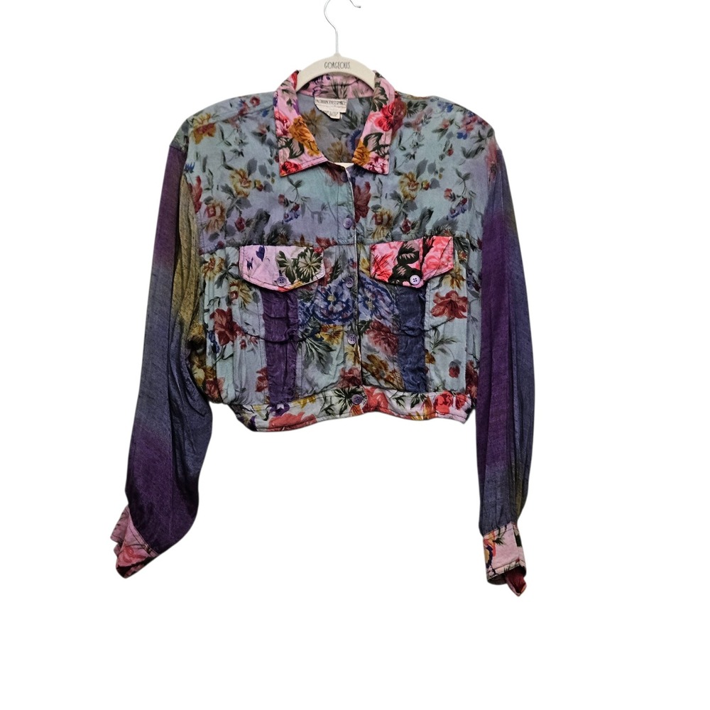 Vintage Fashion Passport Jacket‎ L Patchwork Floral Ombre Cropped Boho 90s 80s